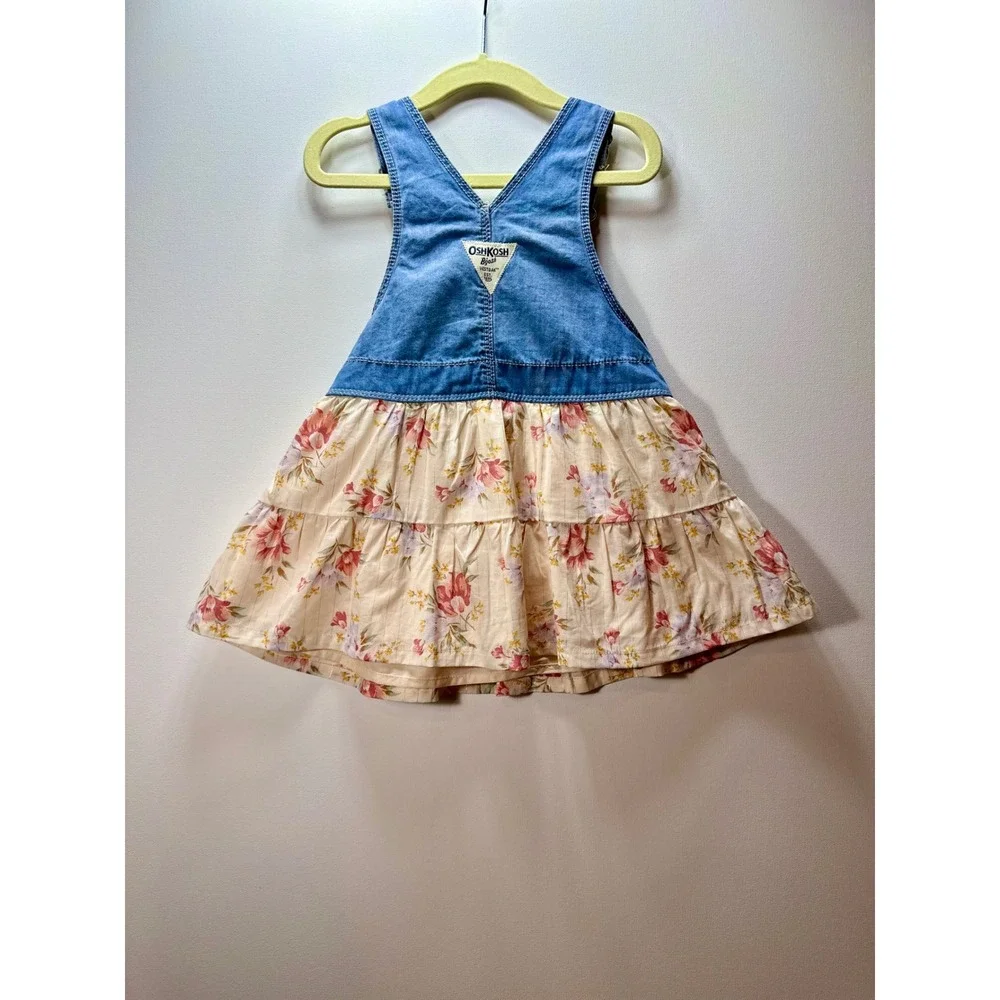 OshKosh Bgosh Baby Girls Denim Floral Tiered Overall Dress 18M NWT